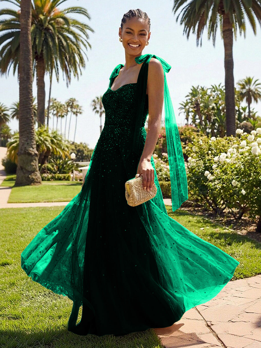 A-Line Sparkly Tulle Corset Floor-Length Prom Dresses with Bow Strap