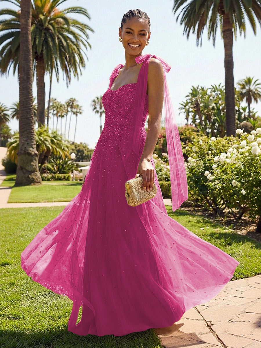 A-Line Sparkly Tulle Corset Floor-Length Prom Dresses with Bow Strap
