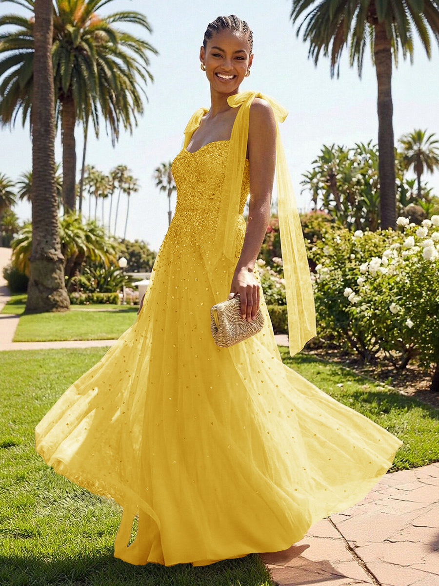 A-Line Sparkly Tulle Corset Floor-Length Prom Dresses with Bow Strap