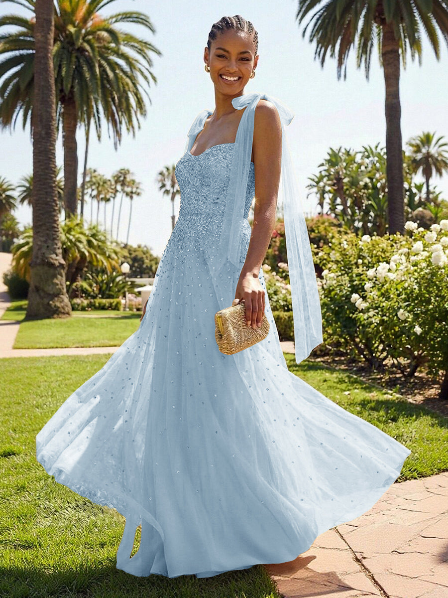 A-Line Sparkly Tulle Corset Floor-Length Prom Dresses with Bow Strap