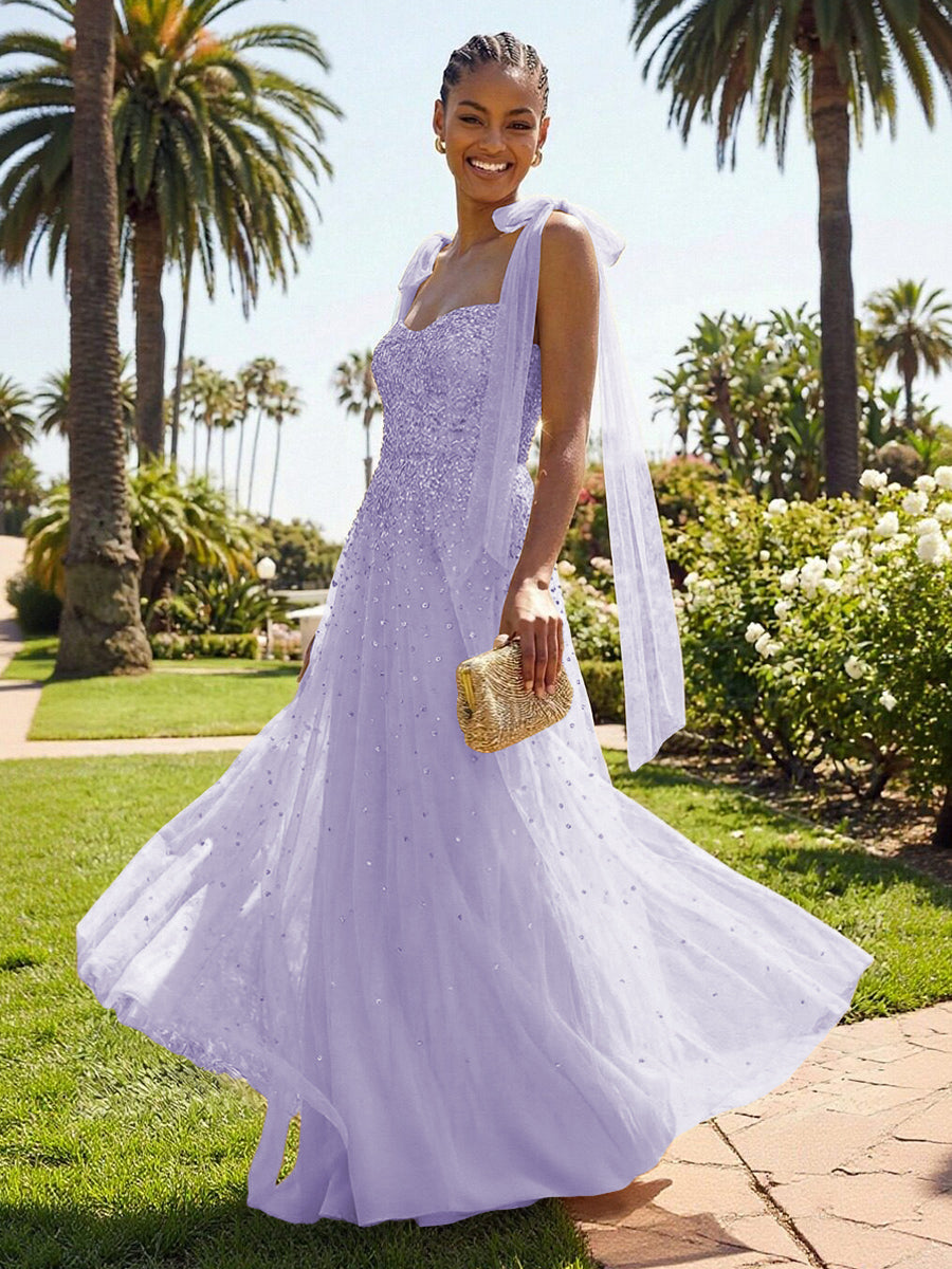 A-Line Sparkly Tulle Corset Floor-Length Prom Dresses with Bow Strap