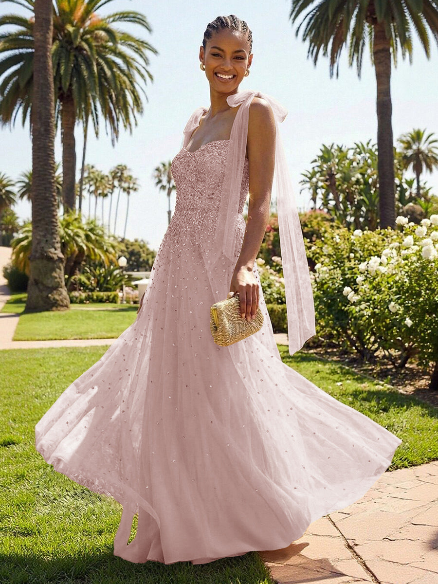 A-Line Sparkly Tulle Corset Floor-Length Prom Dresses with Bow Strap