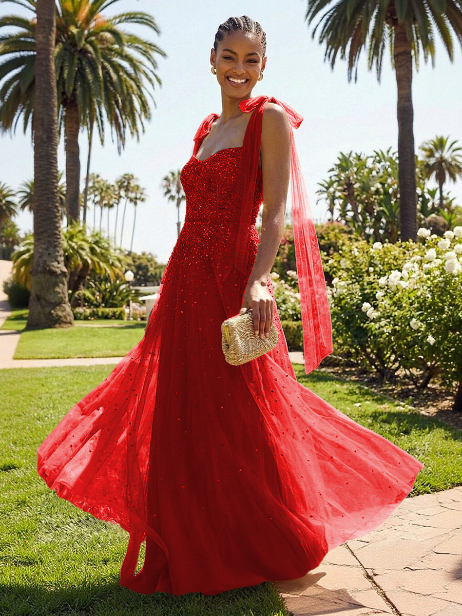A-Line Sparkly Tulle Corset Floor-Length Prom Dresses with Bow Strap