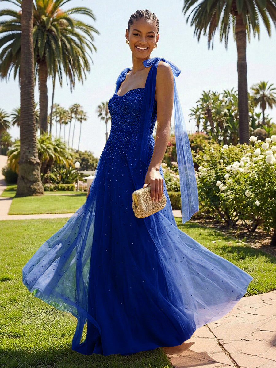 A-Line Sparkly Tulle Corset Floor-Length Prom Dresses with Bow Strap