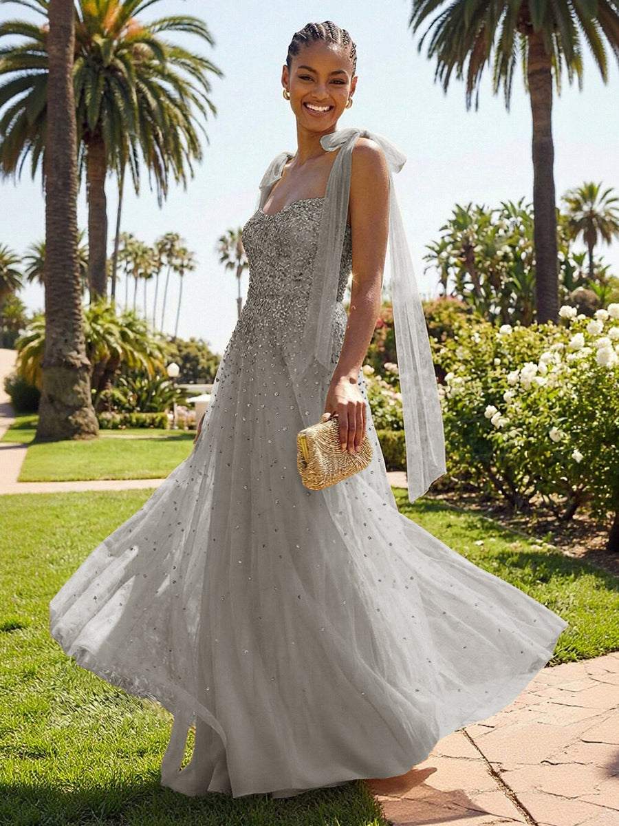 A-Line Sparkly Tulle Corset Floor-Length Prom Dresses with Bow Strap