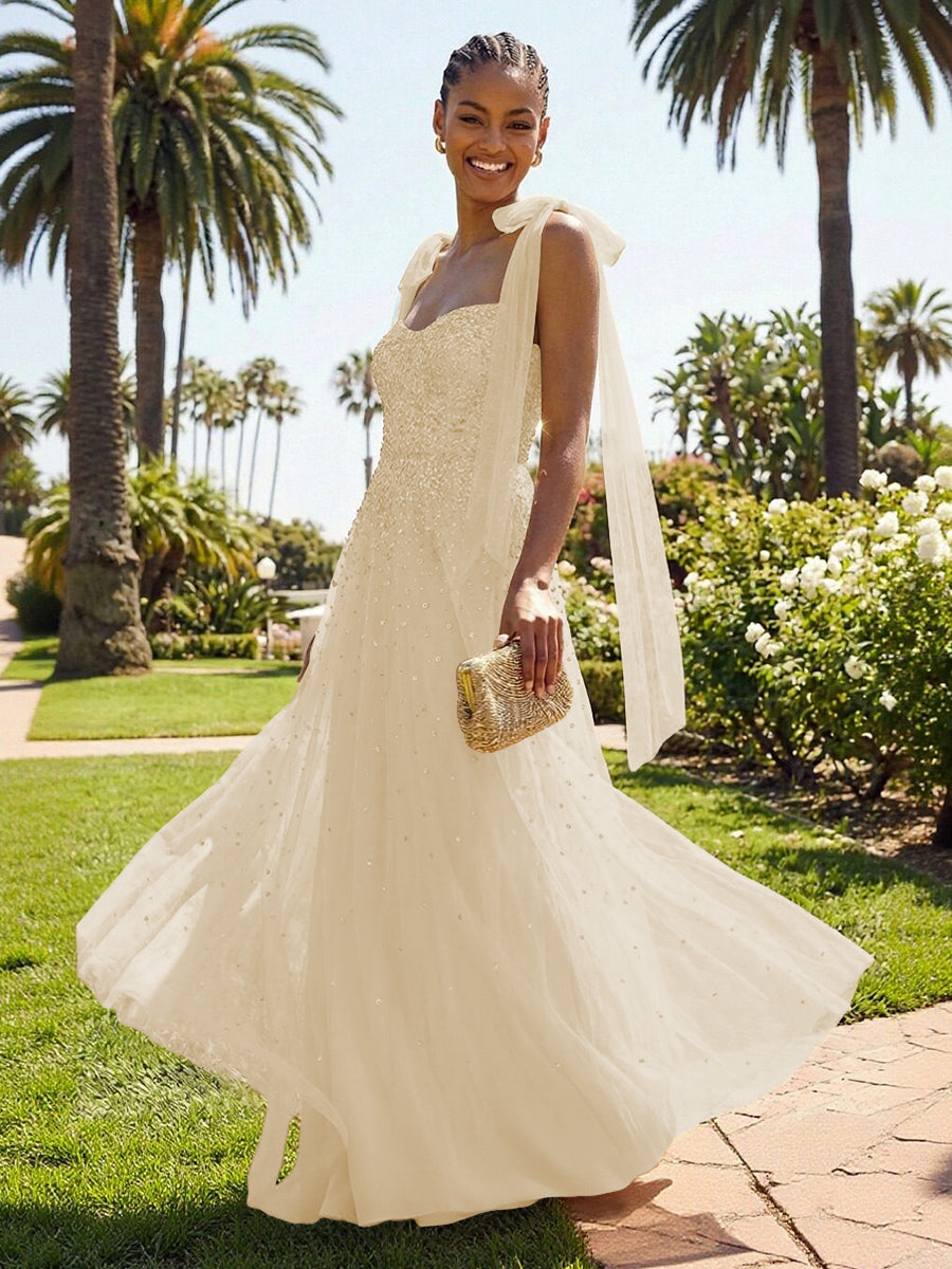 A-Line Sparkly Tulle Corset Floor-Length Prom Dresses with Bow Strap