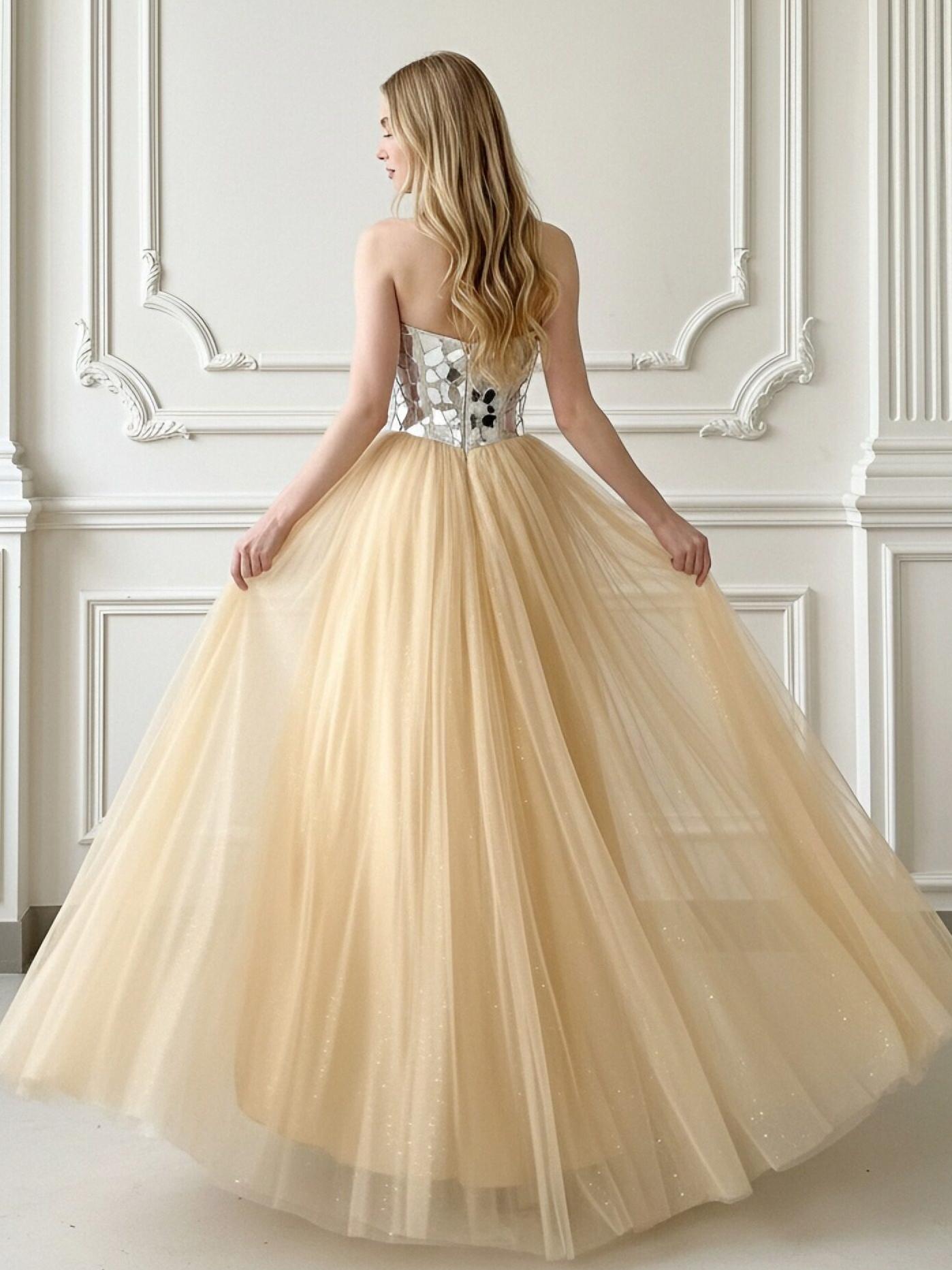 A-Line Sparkly Tulle Sweetheart Corset Floor-Length Prom Dresses