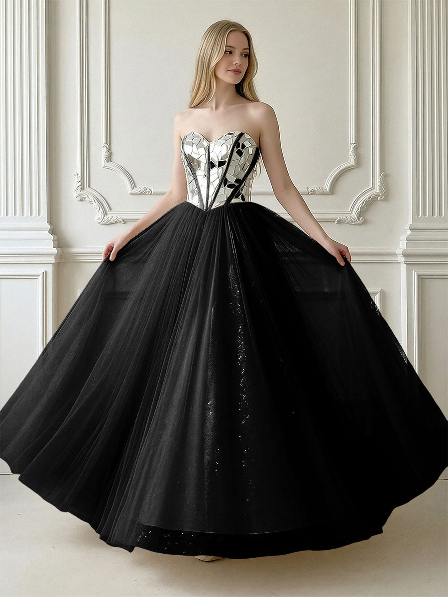 A-Line Sparkly Tulle Sweetheart Corset Floor-Length Prom Dresses