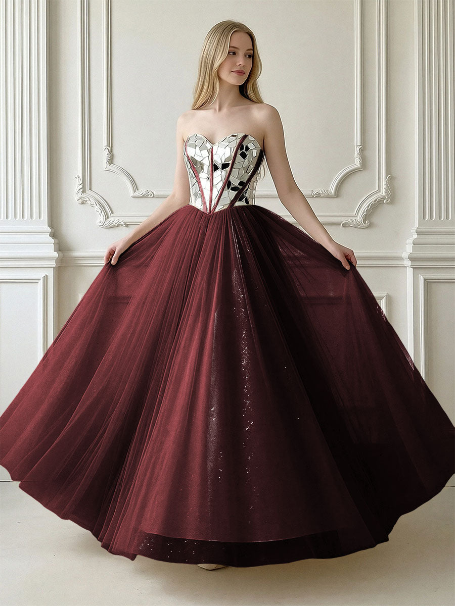 A-Line Sparkly Tulle Sweetheart Corset Floor-Length Prom Dresses