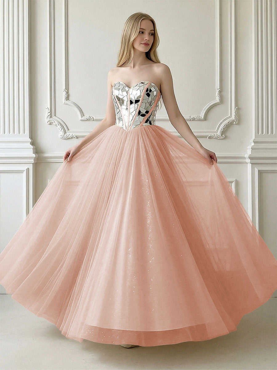 A-Line Sparkly Tulle Sweetheart Corset Floor-Length Prom Dresses