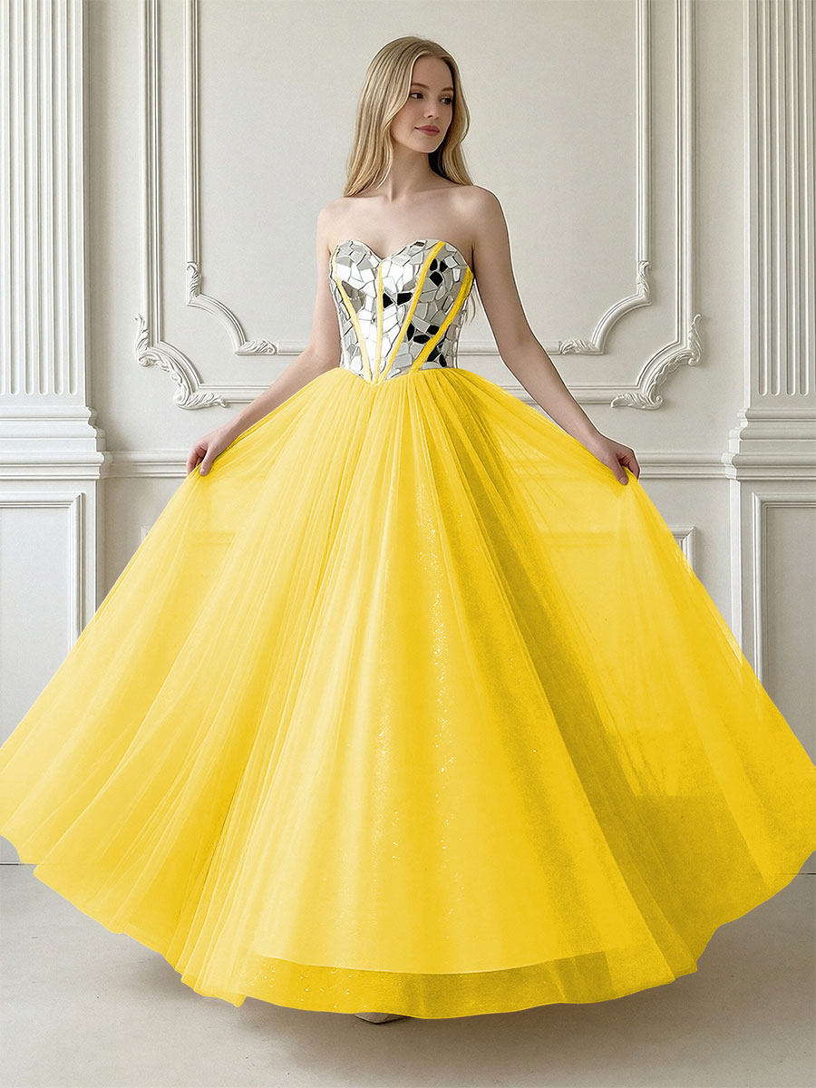 A-Line Sparkly Tulle Sweetheart Corset Floor-Length Prom Dresses
