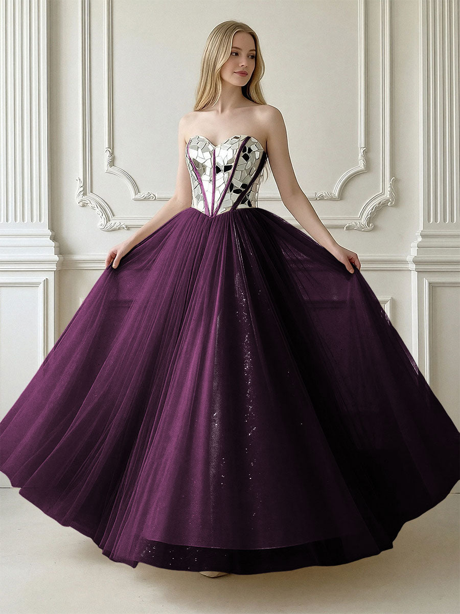A-Line Sparkly Tulle Sweetheart Corset Floor-Length Prom Dresses