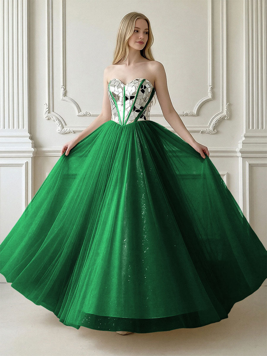 A-Line Sparkly Tulle Sweetheart Corset Floor-Length Prom Dresses