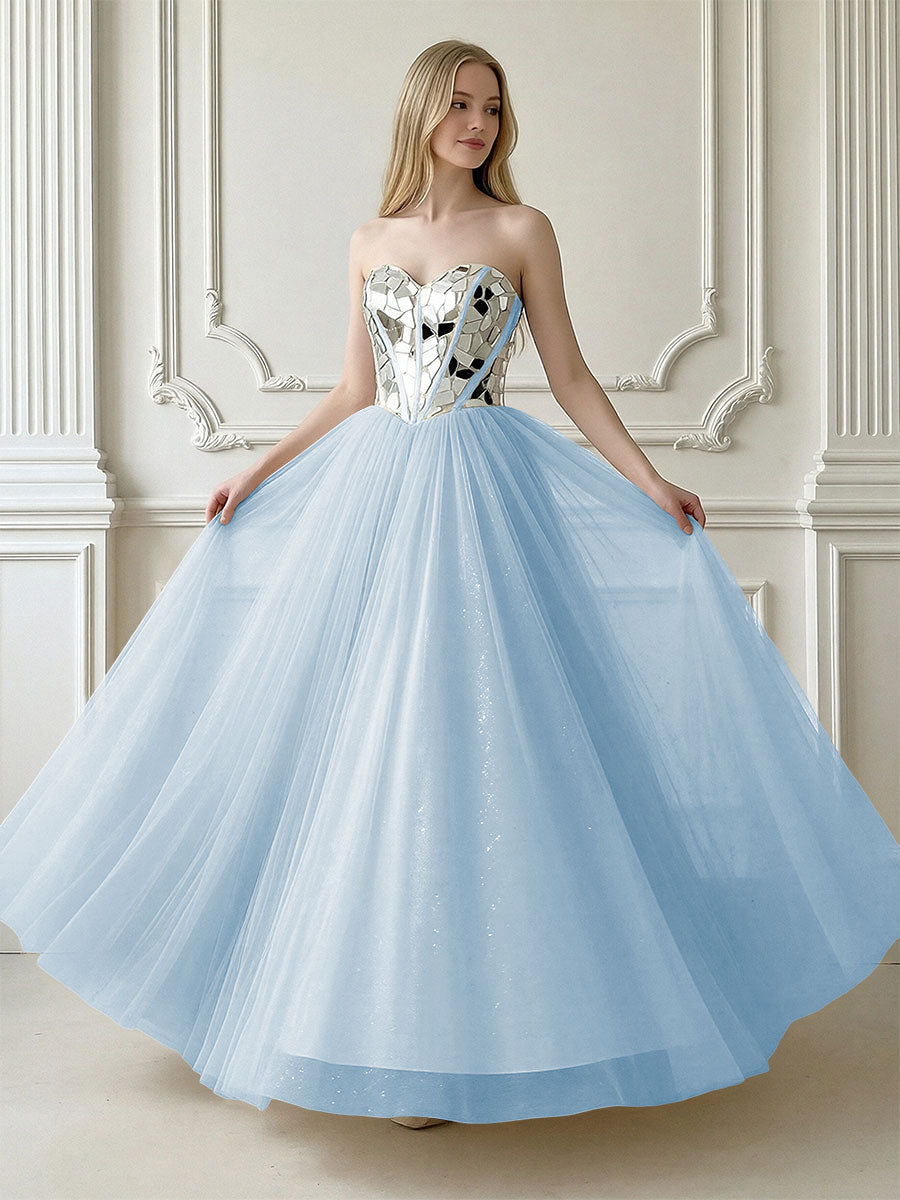 A-Line Sparkly Tulle Sweetheart Corset Floor-Length Prom Dresses