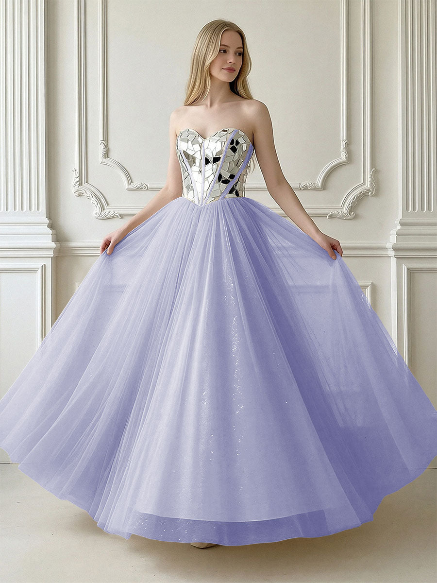 A-Line Sparkly Tulle Sweetheart Corset Floor-Length Prom Dresses