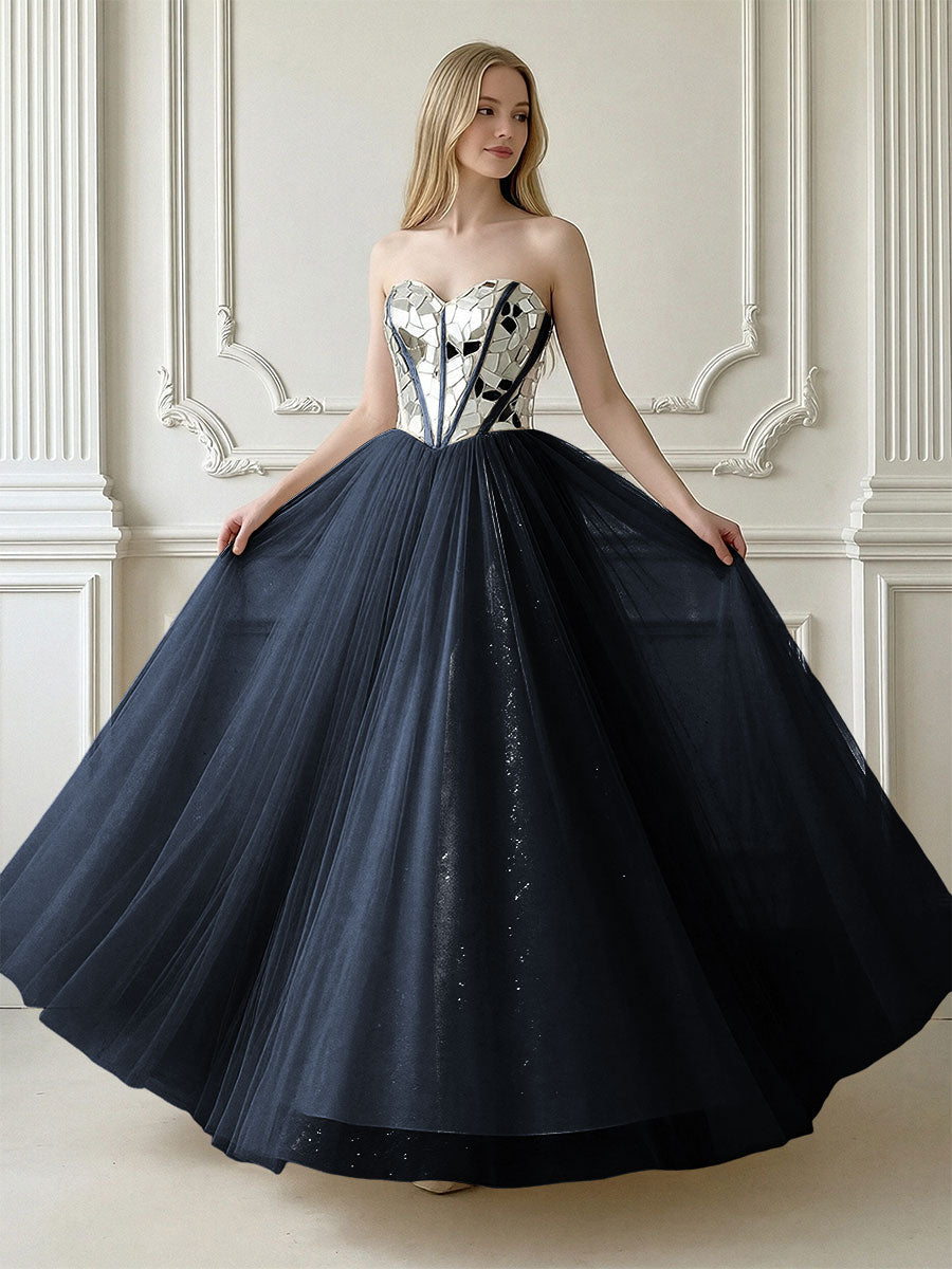 A-Line Sparkly Tulle Sweetheart Corset Floor-Length Prom Dresses