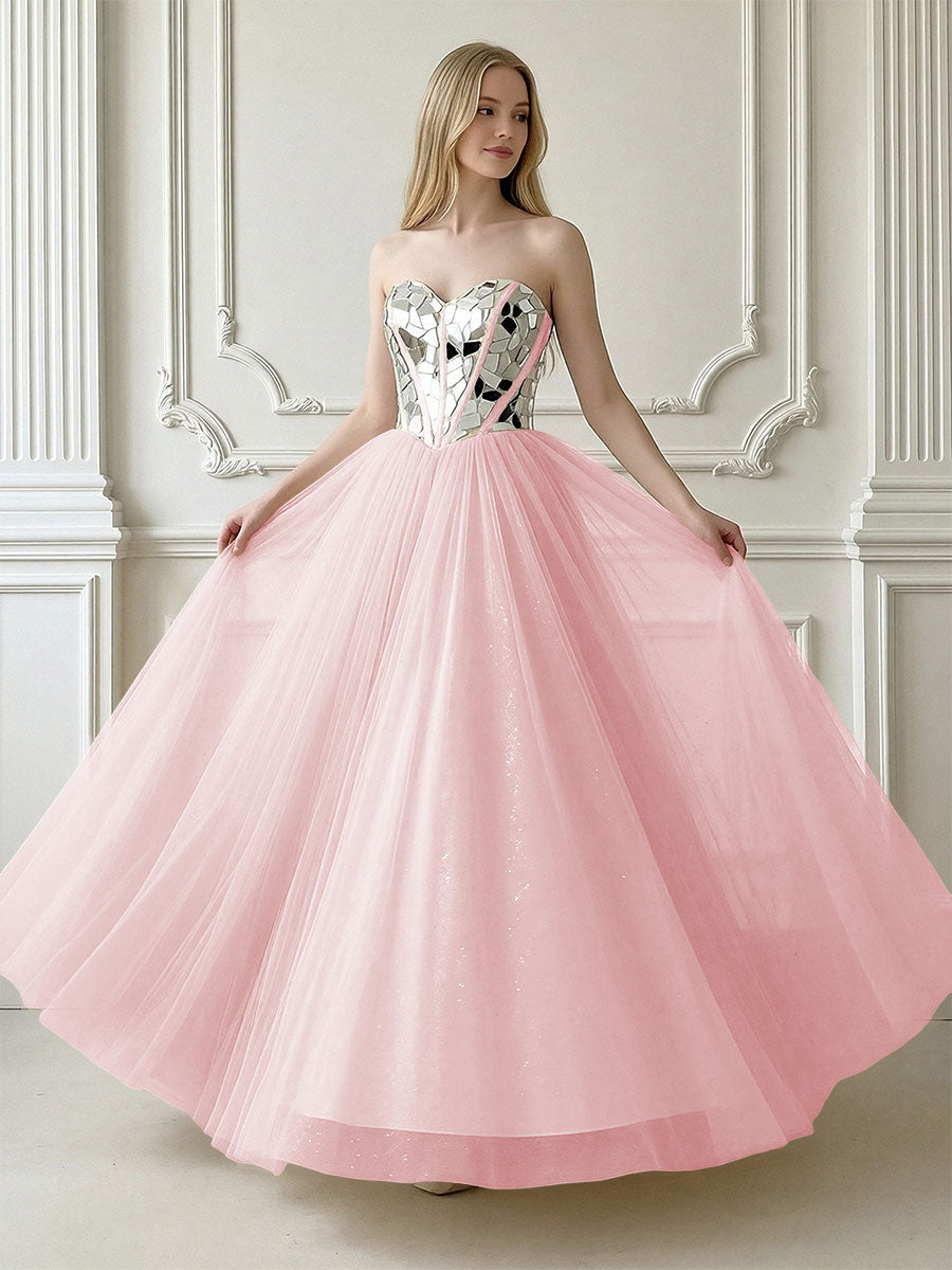A-Line Sparkly Tulle Sweetheart Corset Floor-Length Prom Dresses