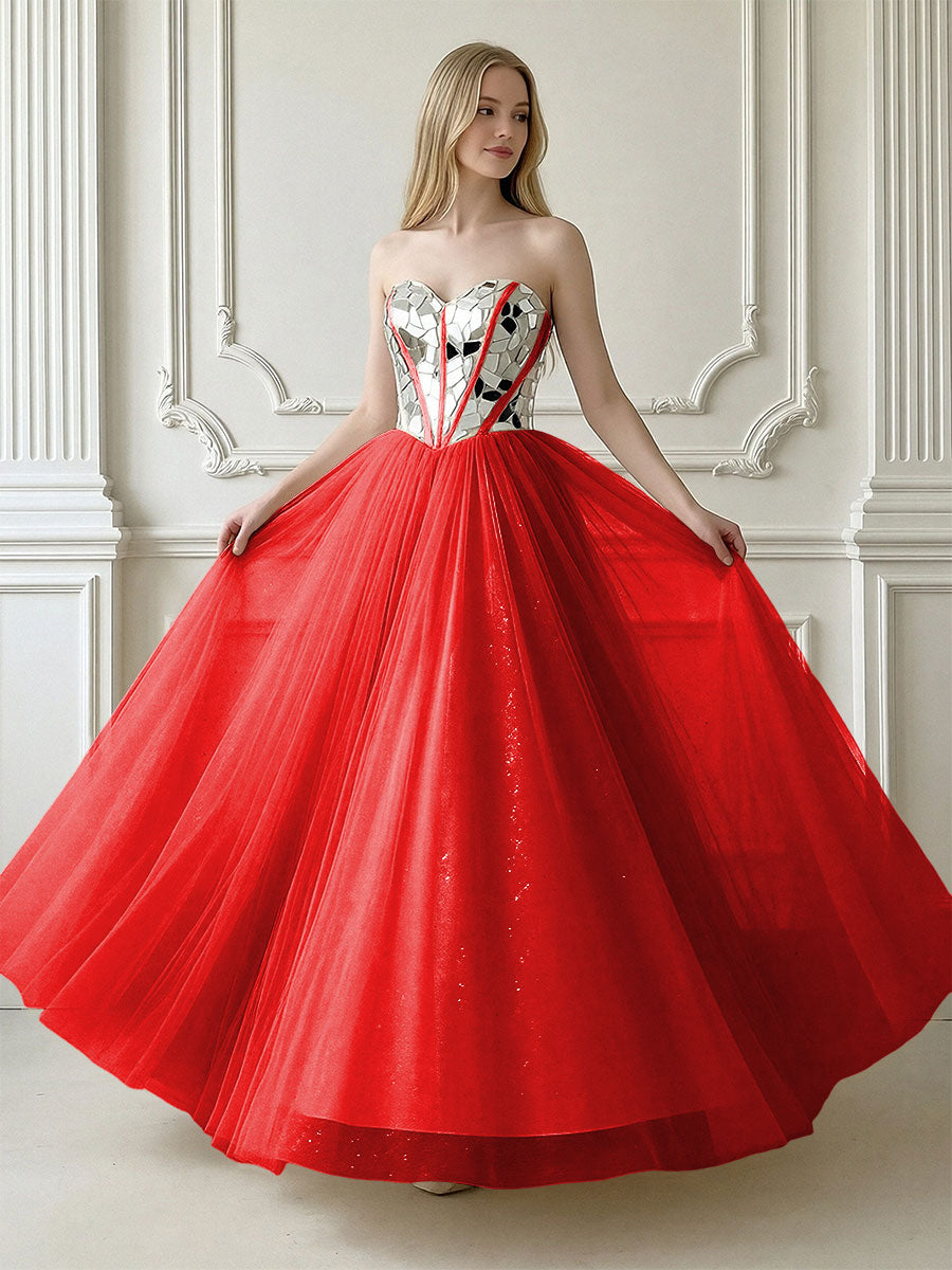 A-Line Sparkly Tulle Sweetheart Corset Floor-Length Prom Dresses
