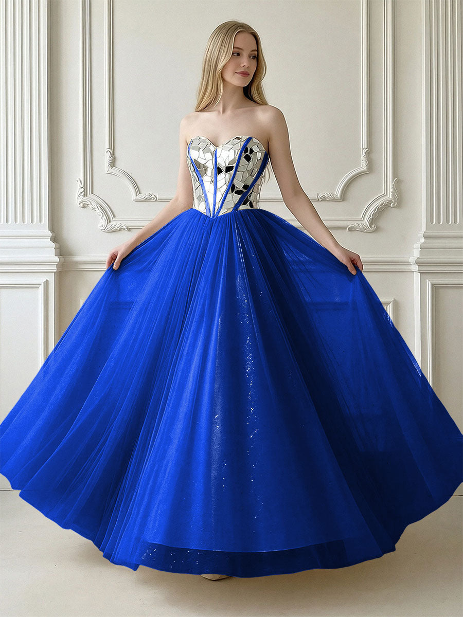 A-Line Sparkly Tulle Sweetheart Corset Floor-Length Prom Dresses
