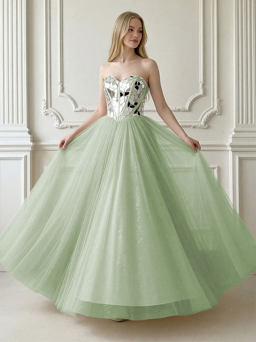 A-Line Sparkly Tulle Sweetheart Corset Floor-Length Prom Dresses