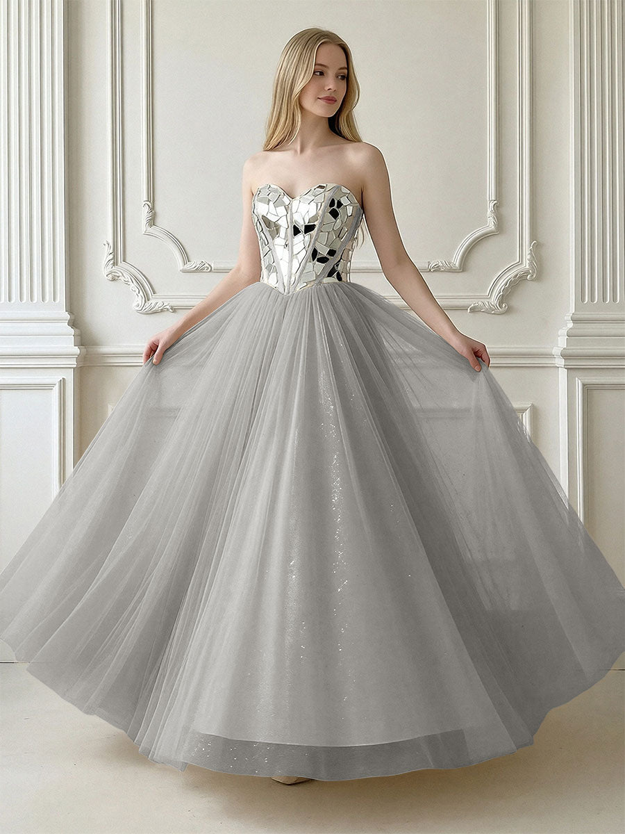 A-Line Sparkly Tulle Sweetheart Corset Floor-Length Prom Dresses