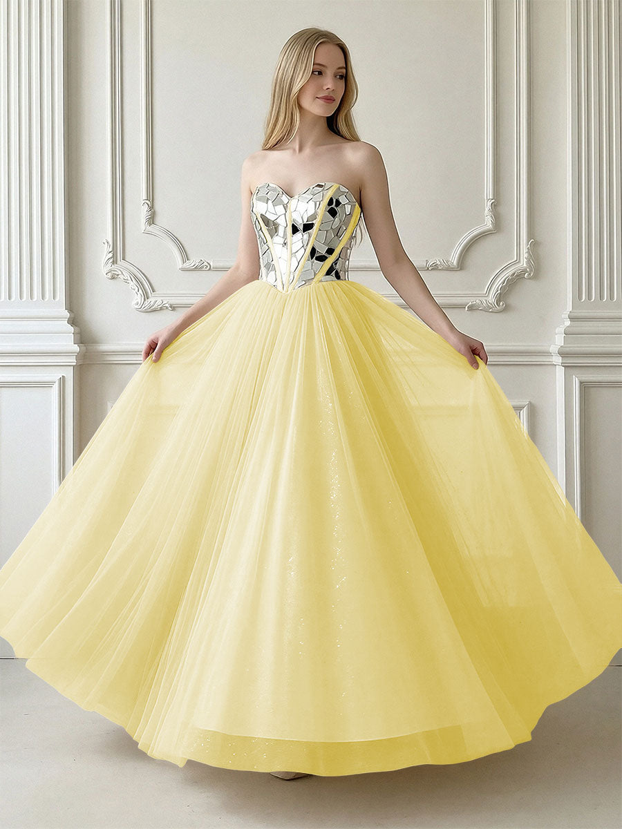 A-Line Sparkly Tulle Sweetheart Corset Floor-Length Prom Dresses