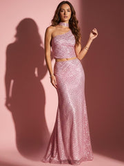 2 Piece Sequin Mermaid One Shoulder Floor-Length Prom Dresses with Scarf