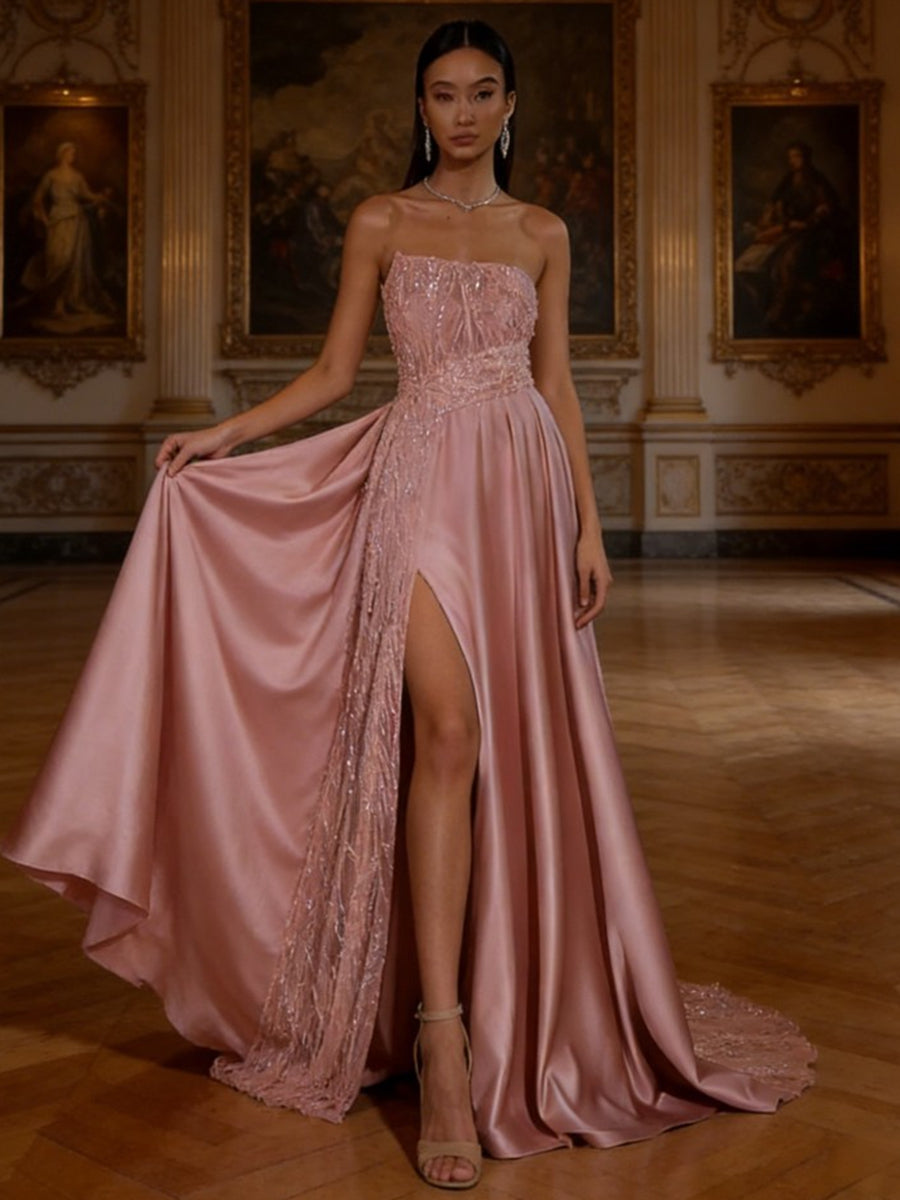 A-Line Strapless Satin Floor-Length Evening Dresses with Sparkly Tulle