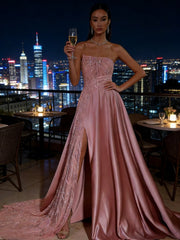 A-Line Strapless Satin Floor-Length Evening Dresses with Sparkly Tulle