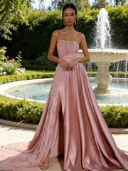 A-Line Strapless Satin Floor-Length Evening Dresses with Sparkly Tulle