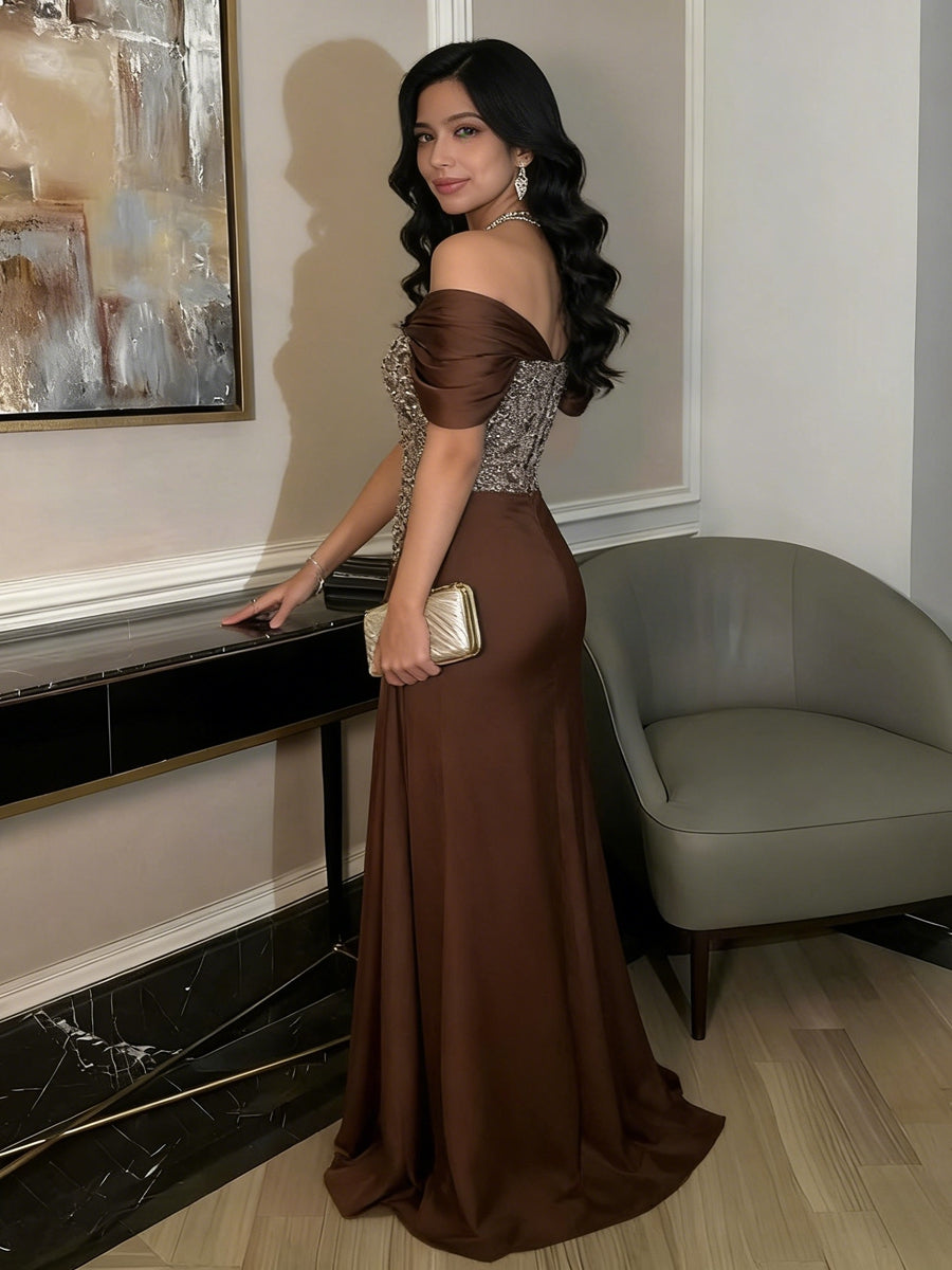 A-Line Off-Shoulder Sweetheart Floor-Length Evening Dresses with Sequin & Satin
