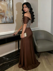 A-Line Off-Shoulder Sweetheart Floor-Length Evening Dresses with Sequin & Satin