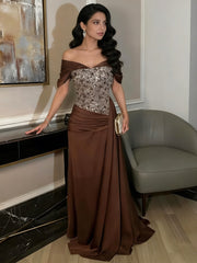 A-Line Off-Shoulder Sweetheart Floor-Length Evening Dresses with Sequin & Satin
