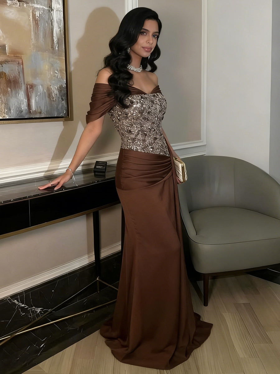 A-Line Off-Shoulder Sweetheart Floor-Length Evening Dresses with Sequin & Satin