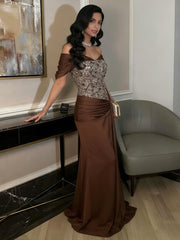 A-Line Off-Shoulder Sweetheart Floor-Length Evening Dresses with Sequin & Satin