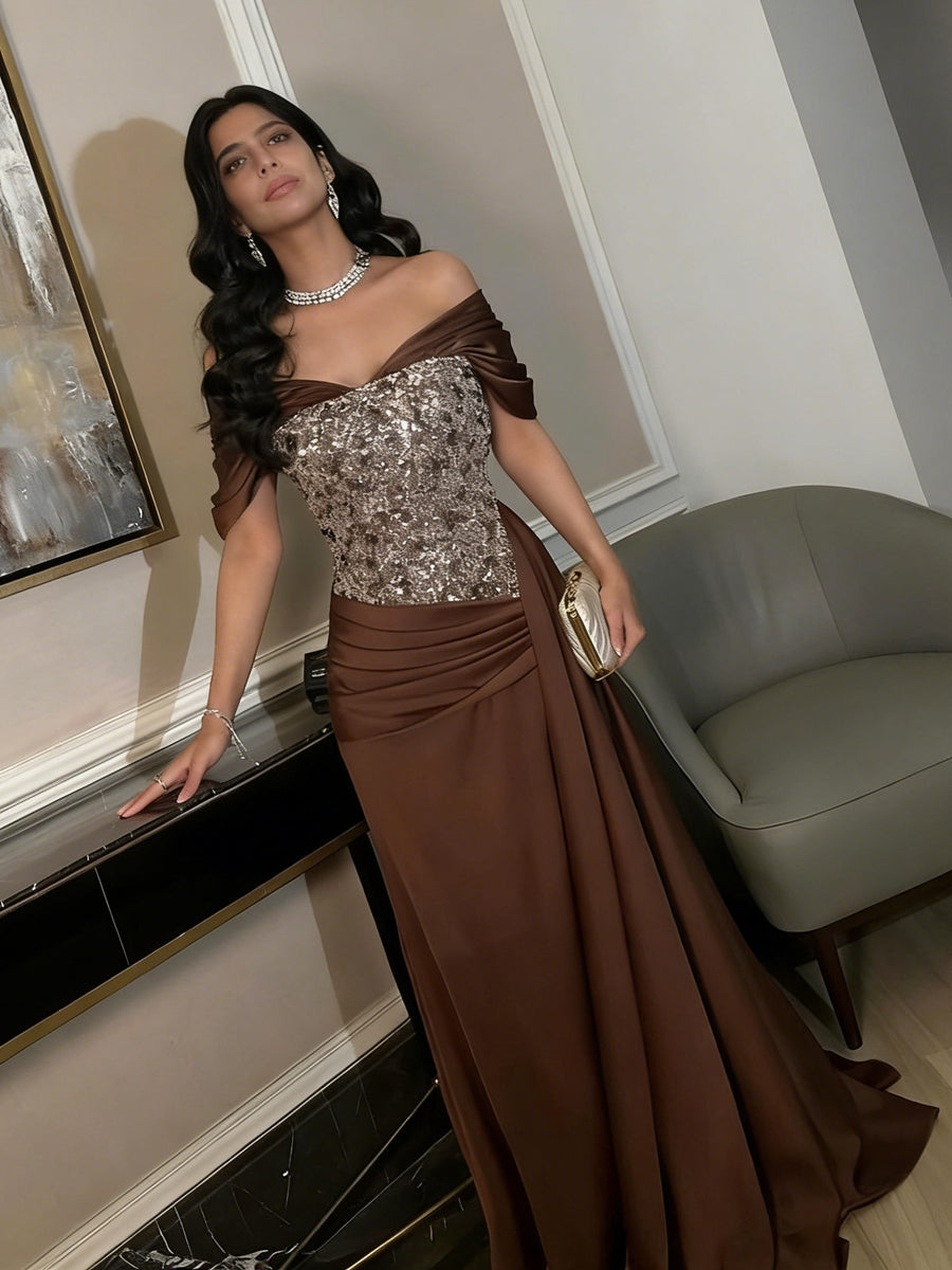 A-Line Off-Shoulder Sweetheart Floor-Length Evening Dresses with Sequin & Satin