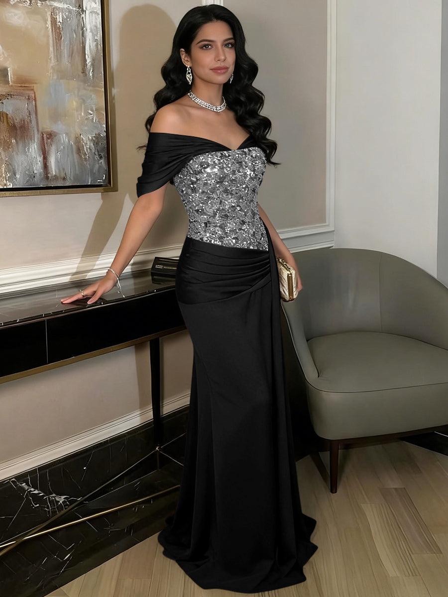A-Line Off-Shoulder Sweetheart Floor-Length Evening Dresses with Sequin & Satin
