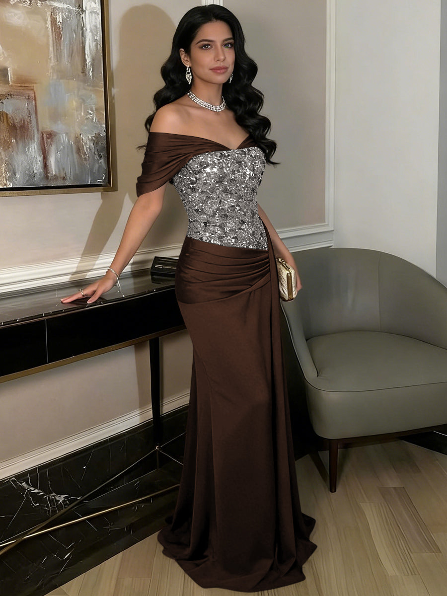 A-Line Off-Shoulder Sweetheart Floor-Length Evening Dresses with Sequin & Satin