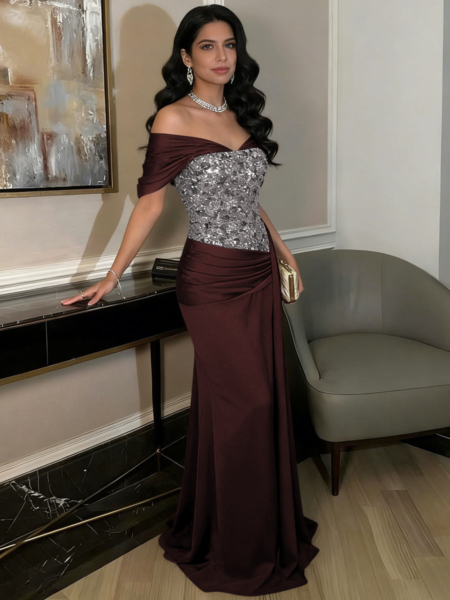 A-Line Off-Shoulder Sweetheart Floor-Length Evening Dresses with Sequin & Satin
