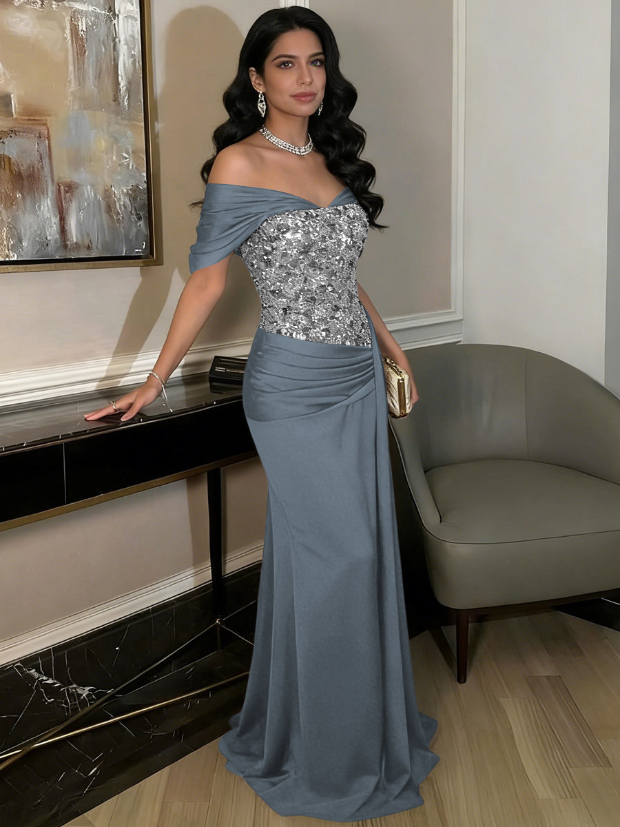 A-Line Off-Shoulder Sweetheart Floor-Length Evening Dresses with Sequin & Satin