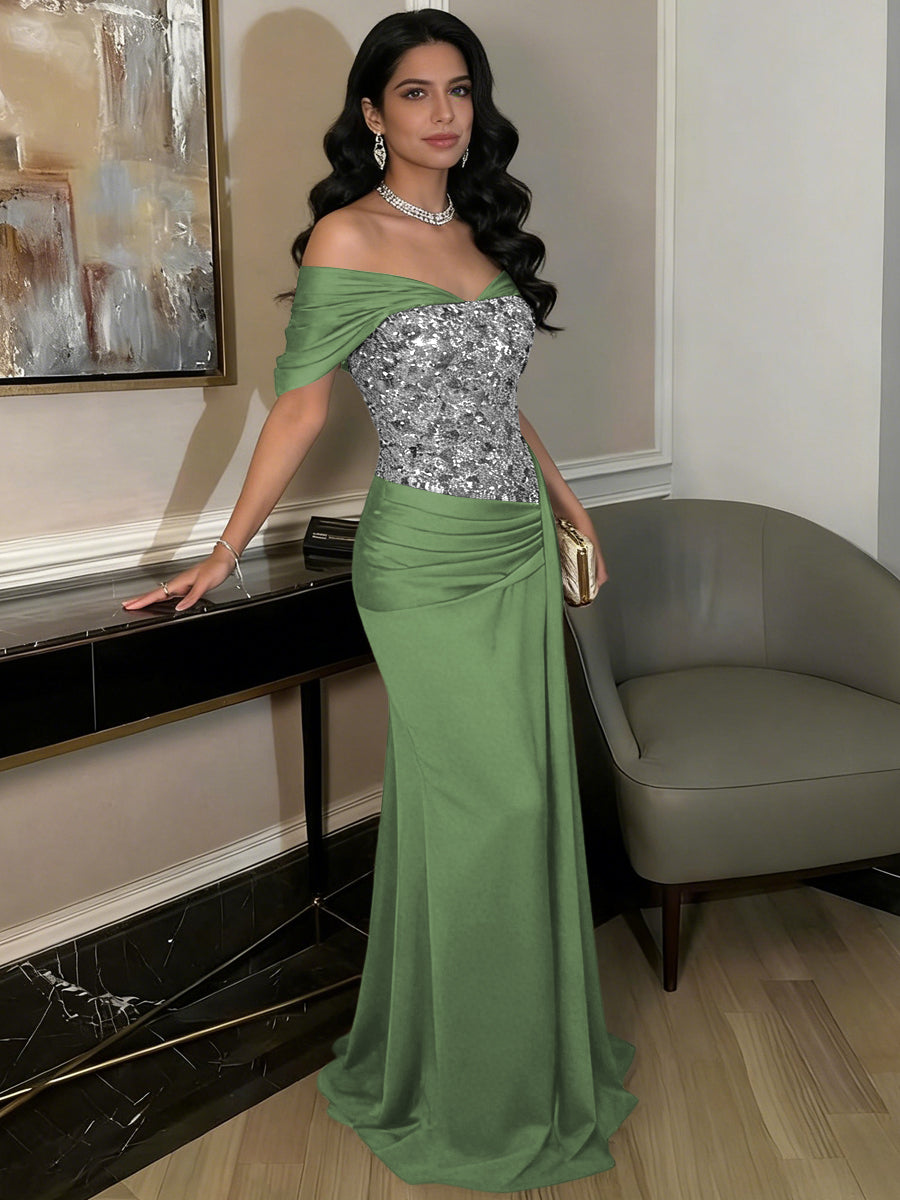 A-Line Off-Shoulder Sweetheart Floor-Length Evening Dresses with Sequin & Satin