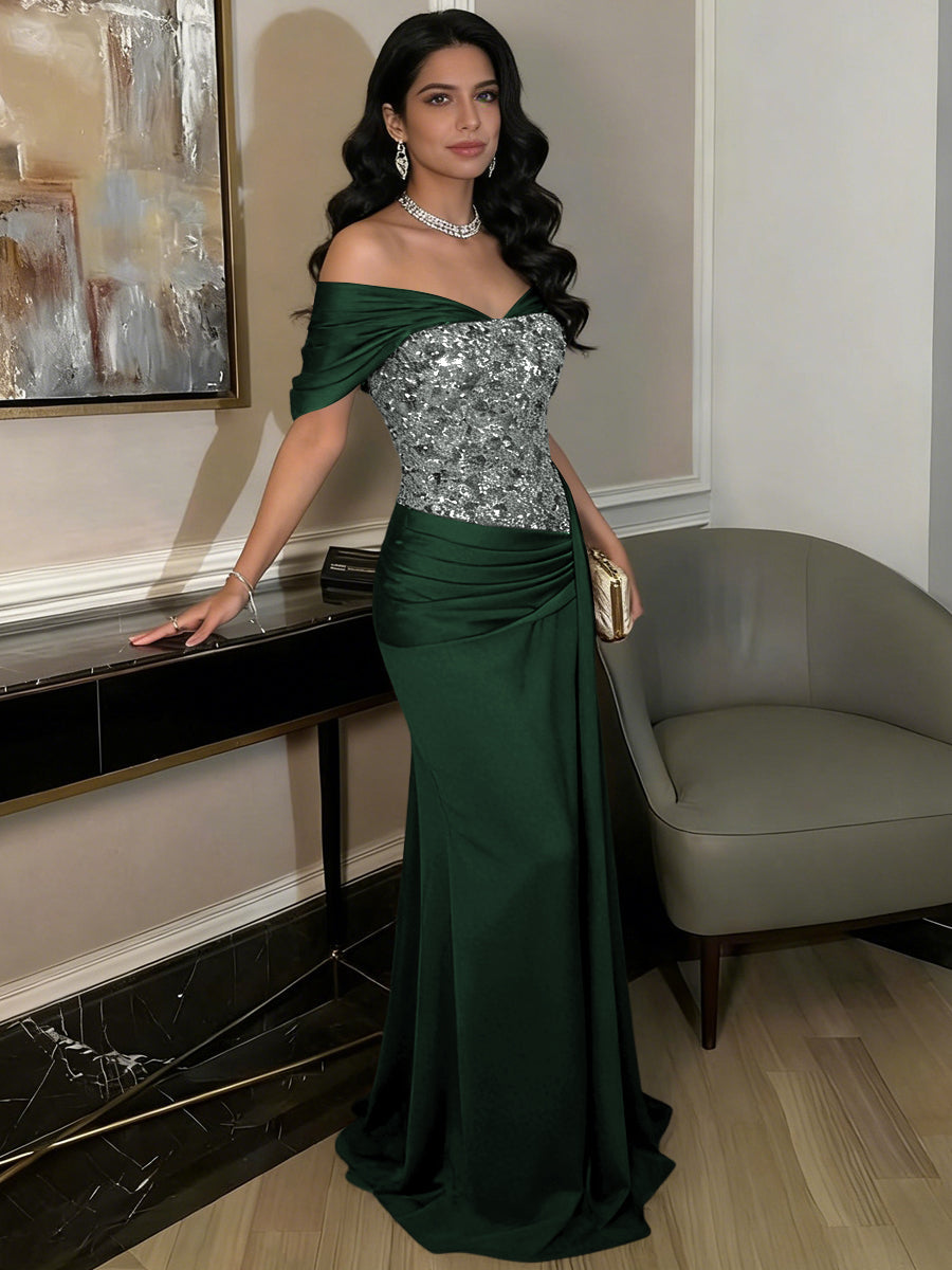 A-Line Off-Shoulder Sweetheart Floor-Length Evening Dresses with Sequin & Satin
