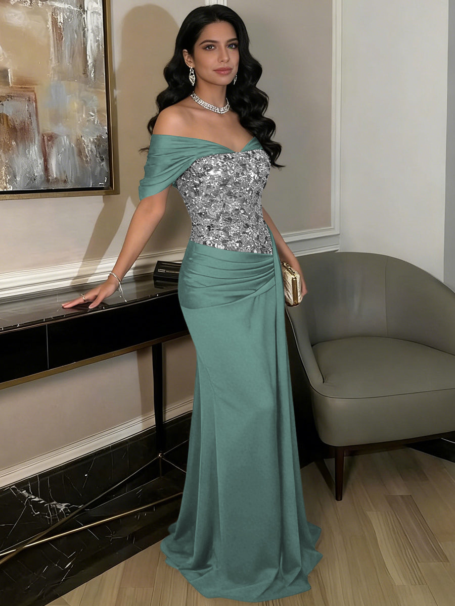 A-Line Off-Shoulder Sweetheart Floor-Length Evening Dresses with Sequin & Satin