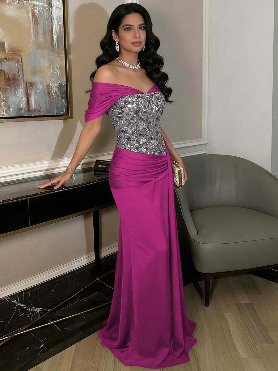A-Line Off-Shoulder Sweetheart Floor-Length Evening Dresses with Sequin & Satin