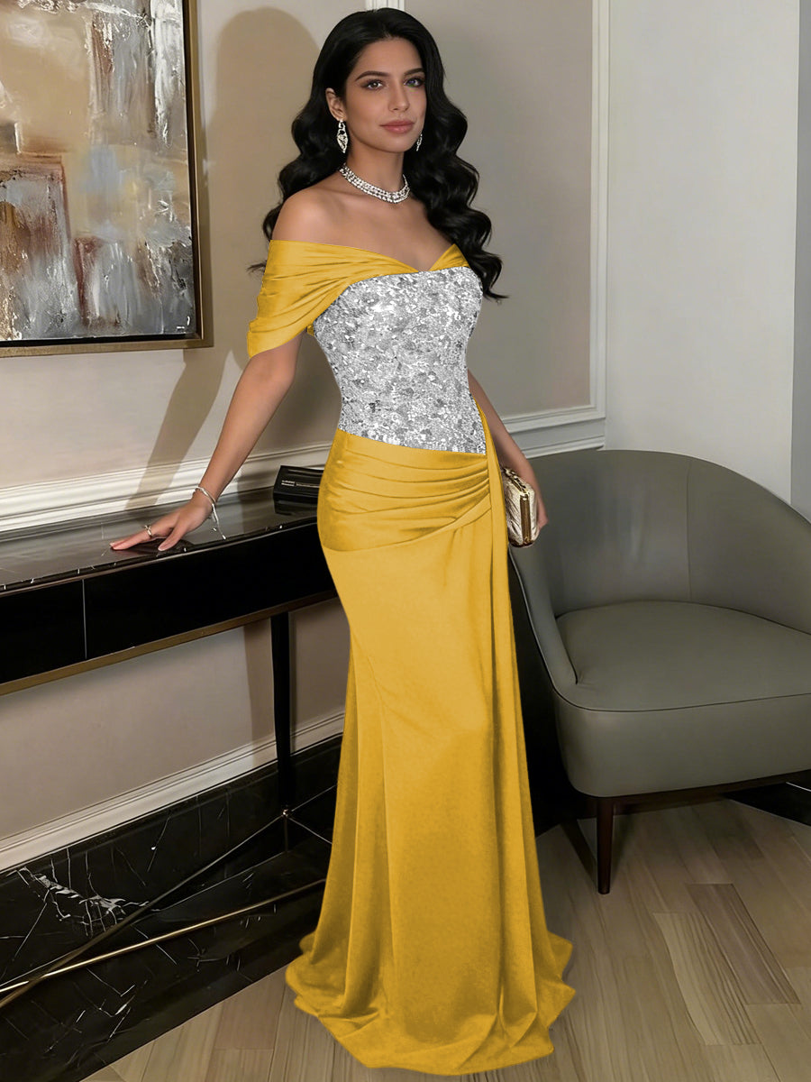 A-Line Off-Shoulder Sweetheart Floor-Length Evening Dresses with Sequin & Satin