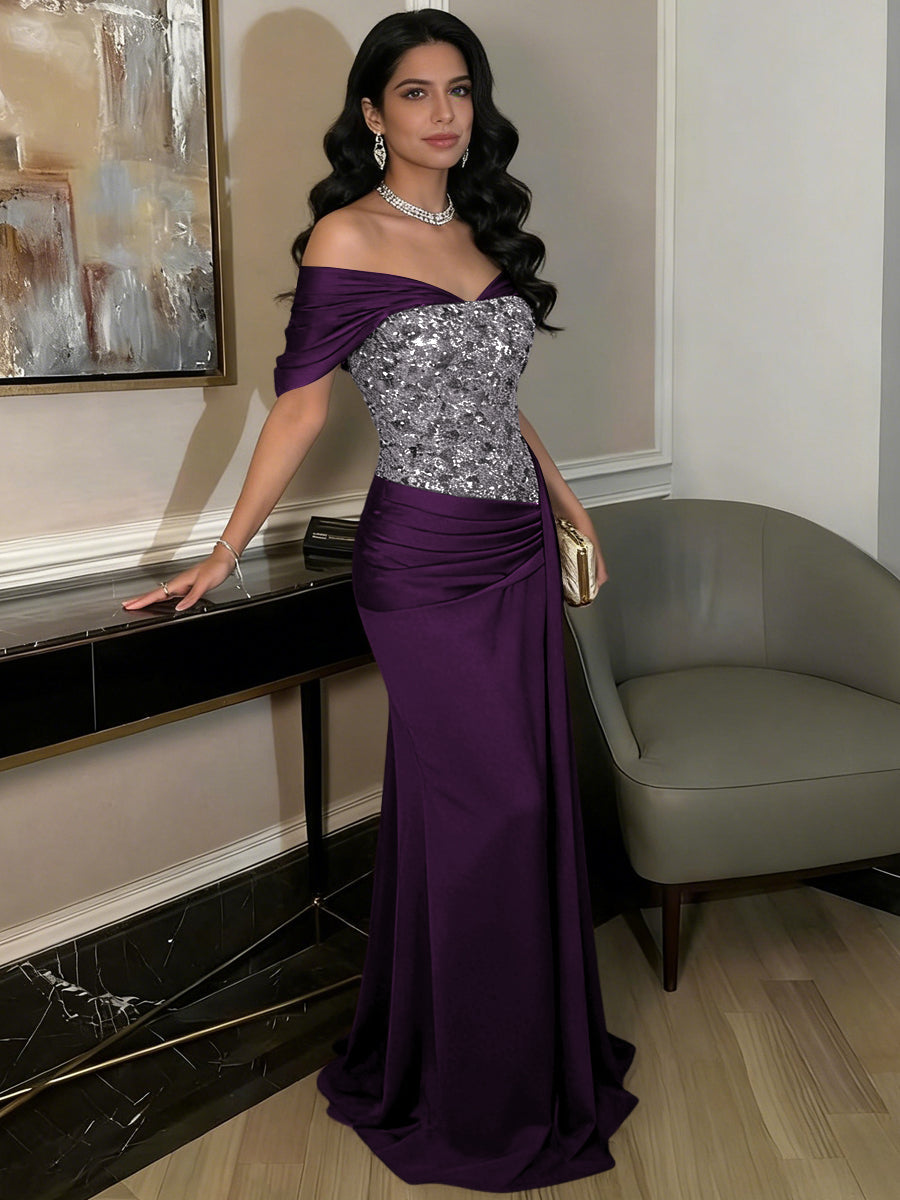 A-Line Off-Shoulder Sweetheart Floor-Length Evening Dresses with Sequin & Satin