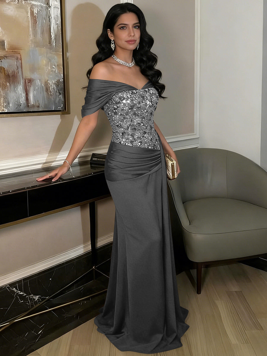 A-Line Off-Shoulder Sweetheart Floor-Length Evening Dresses with Sequin & Satin