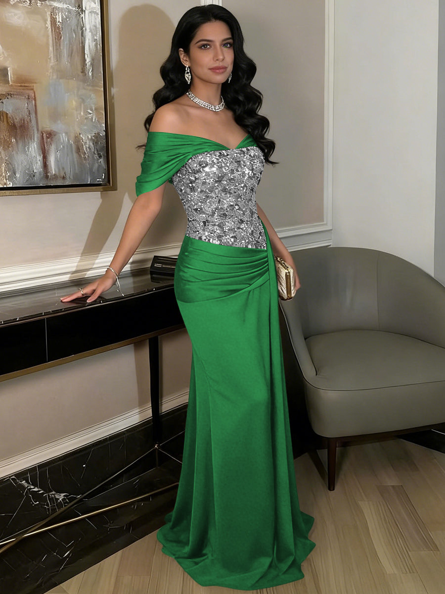 A-Line Off-Shoulder Sweetheart Floor-Length Evening Dresses with Sequin & Satin