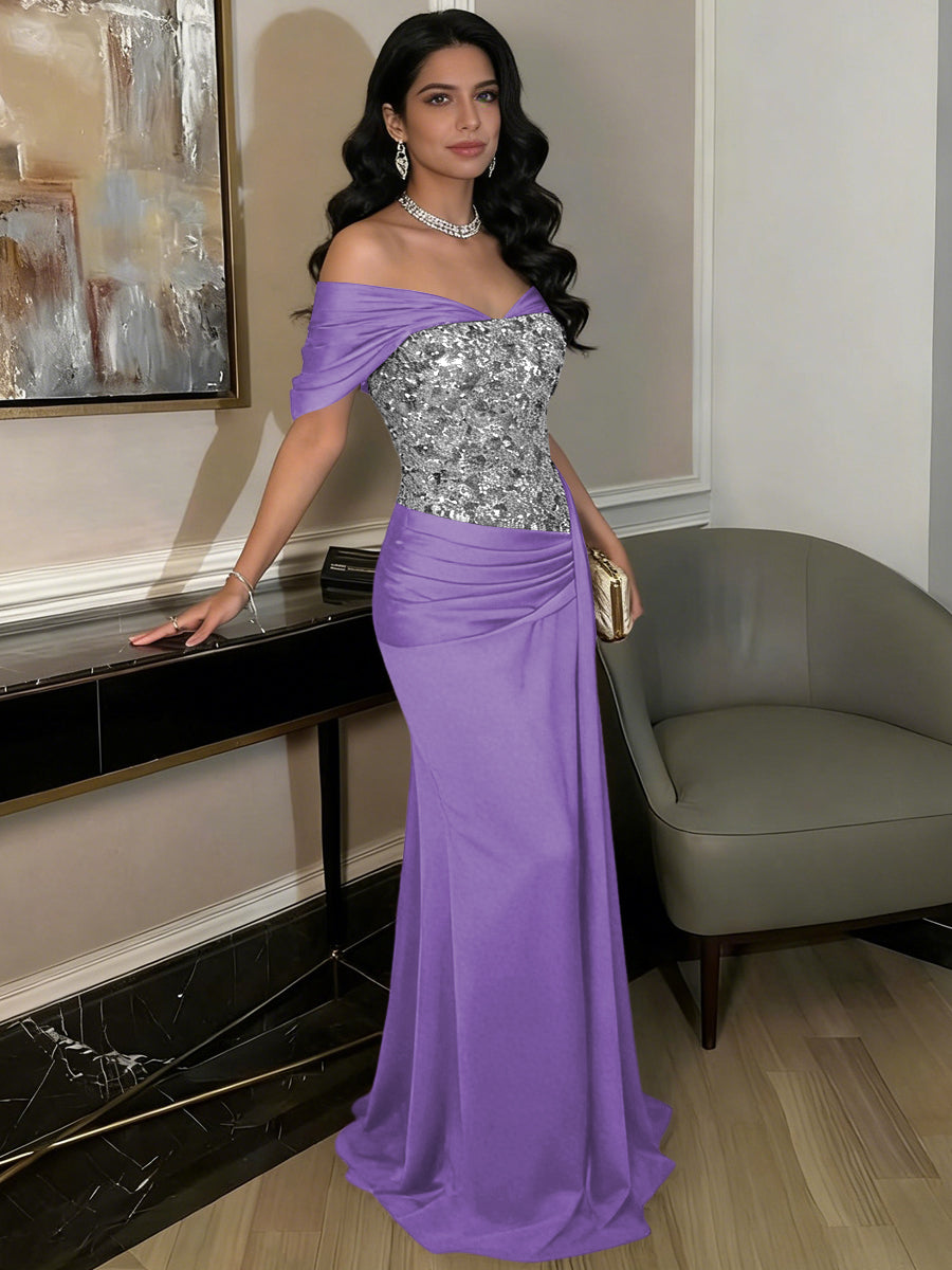 A-Line Off-Shoulder Sweetheart Floor-Length Evening Dresses with Sequin & Satin