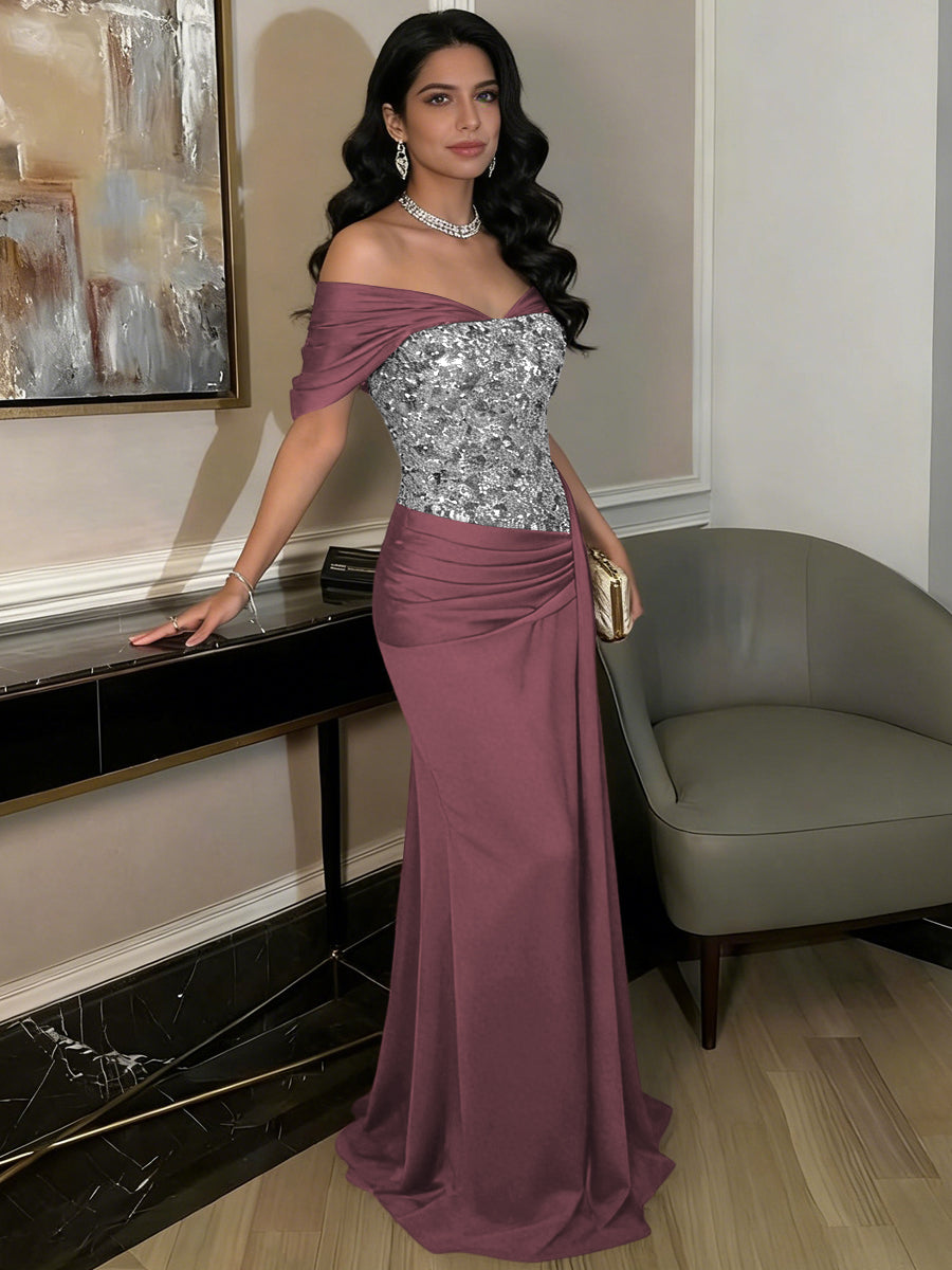 A-Line Off-Shoulder Sweetheart Floor-Length Evening Dresses with Sequin & Satin